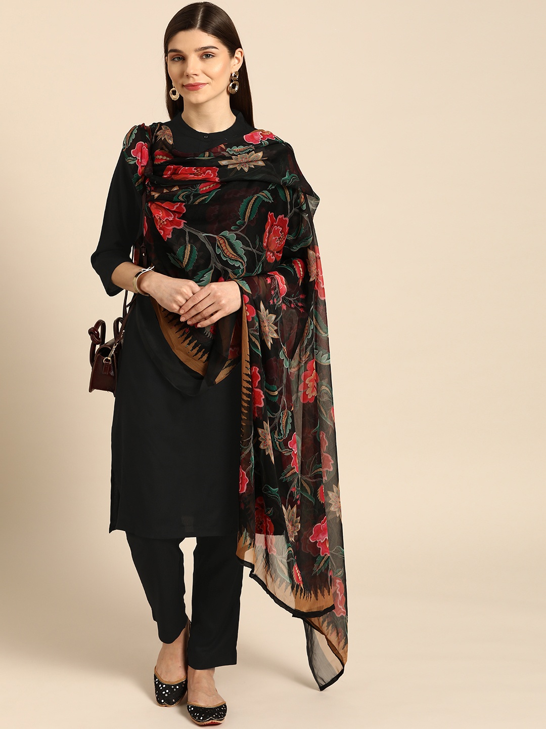 

Anouk Women Black Solid Kurta with Trousers & Dupatta