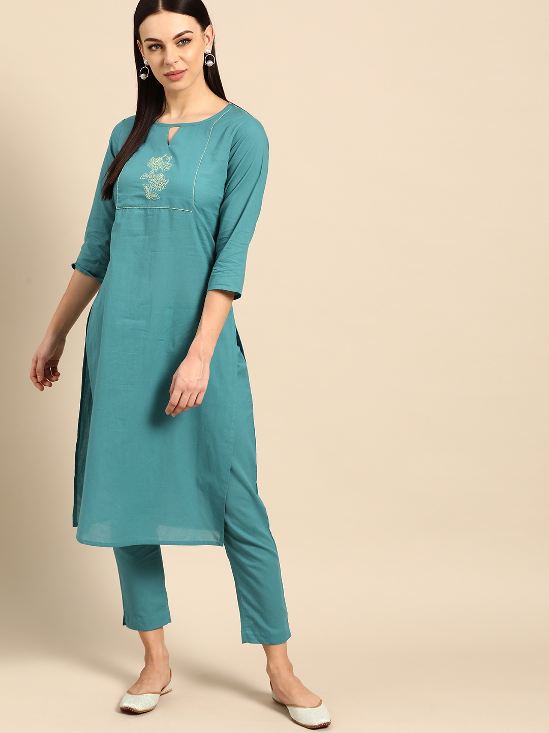 

Anouk Women Blue Yoke Design Pure Cotton Kurta with Trousers