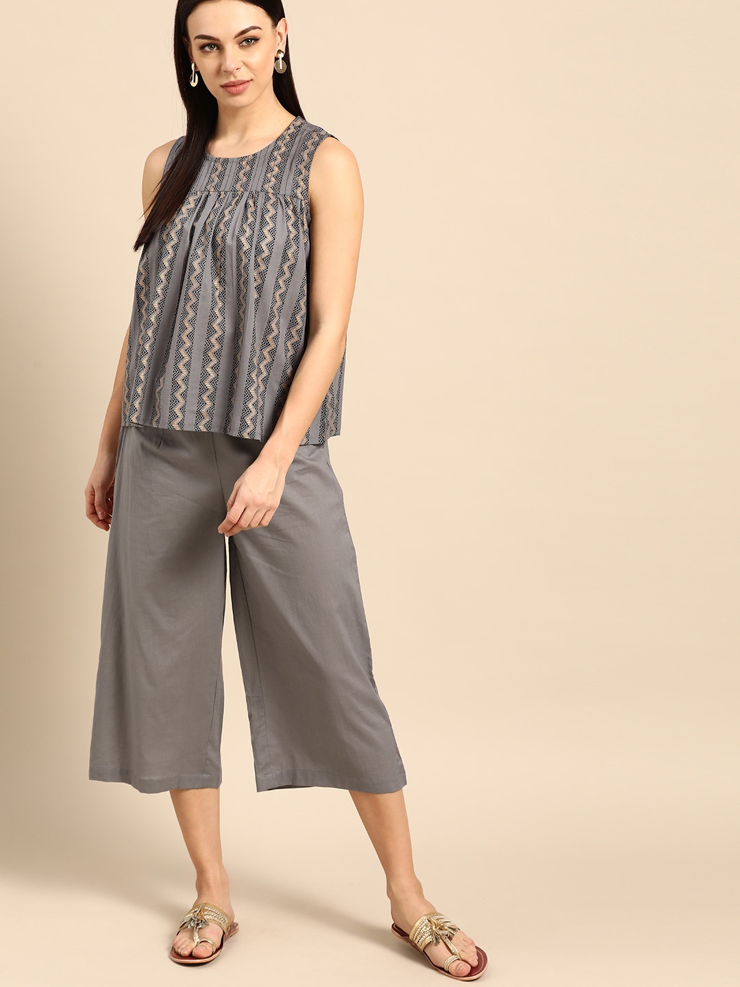 

Anouk Women Grey & Black Printed Pure Cotton Top with Palazzos