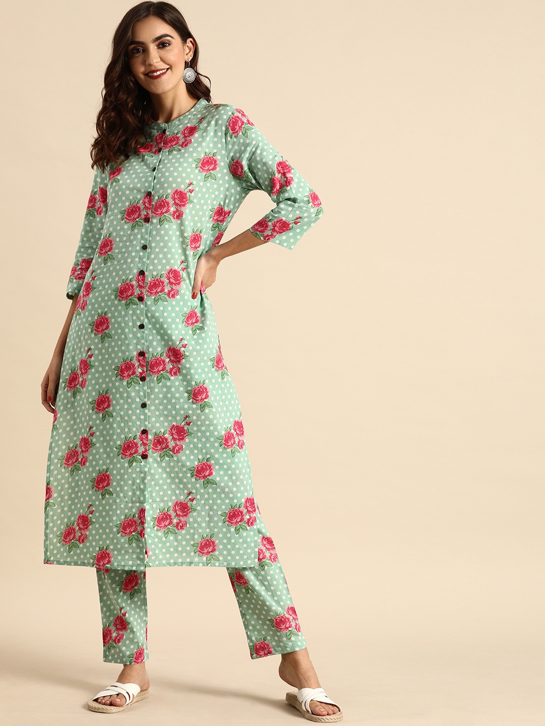 

Anouk Women Green & White Printed Kurta with Trousers