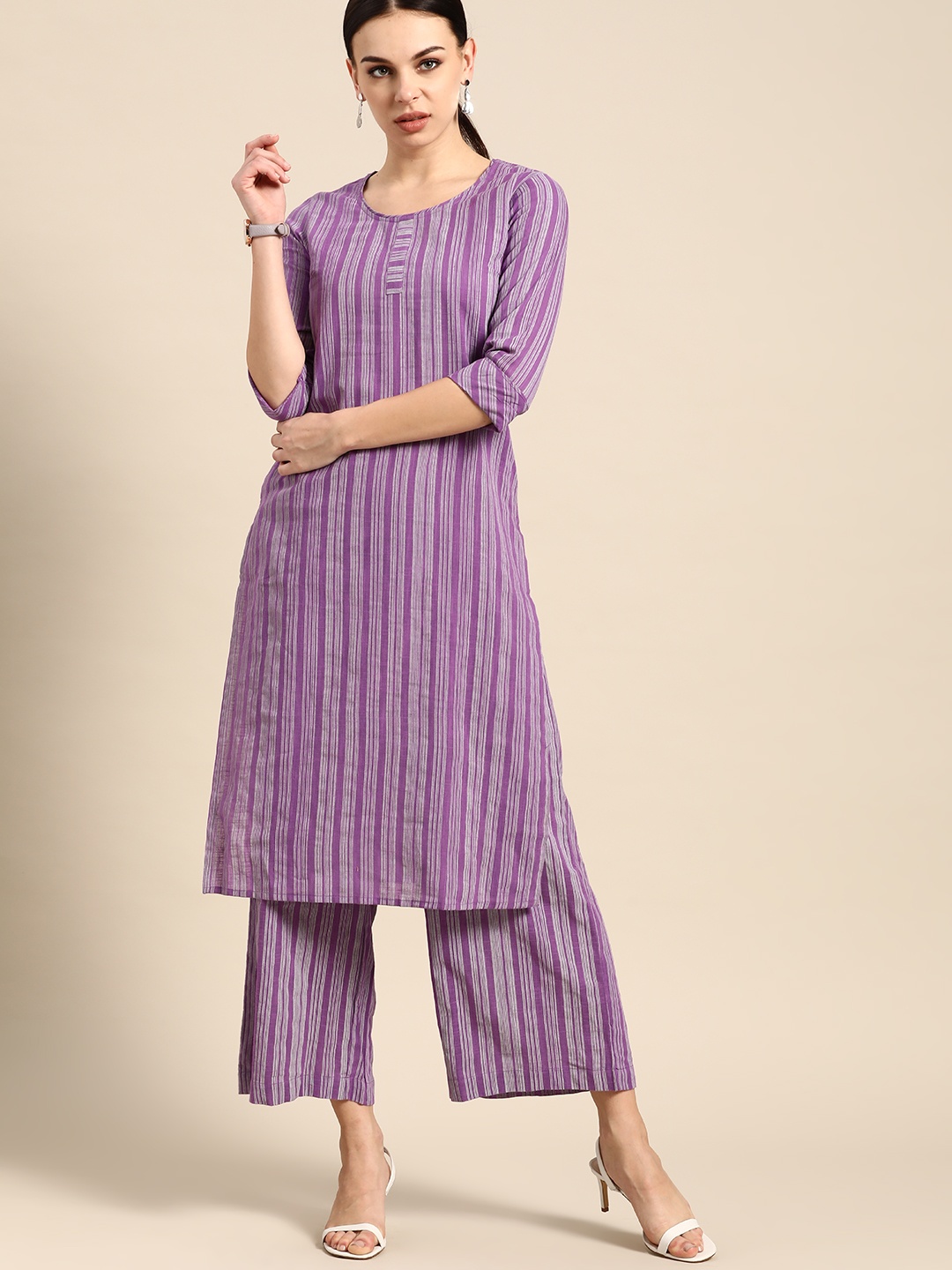 

Anouk Women Purple & Grey Striped Pure Cotton Kurta with Palazzos