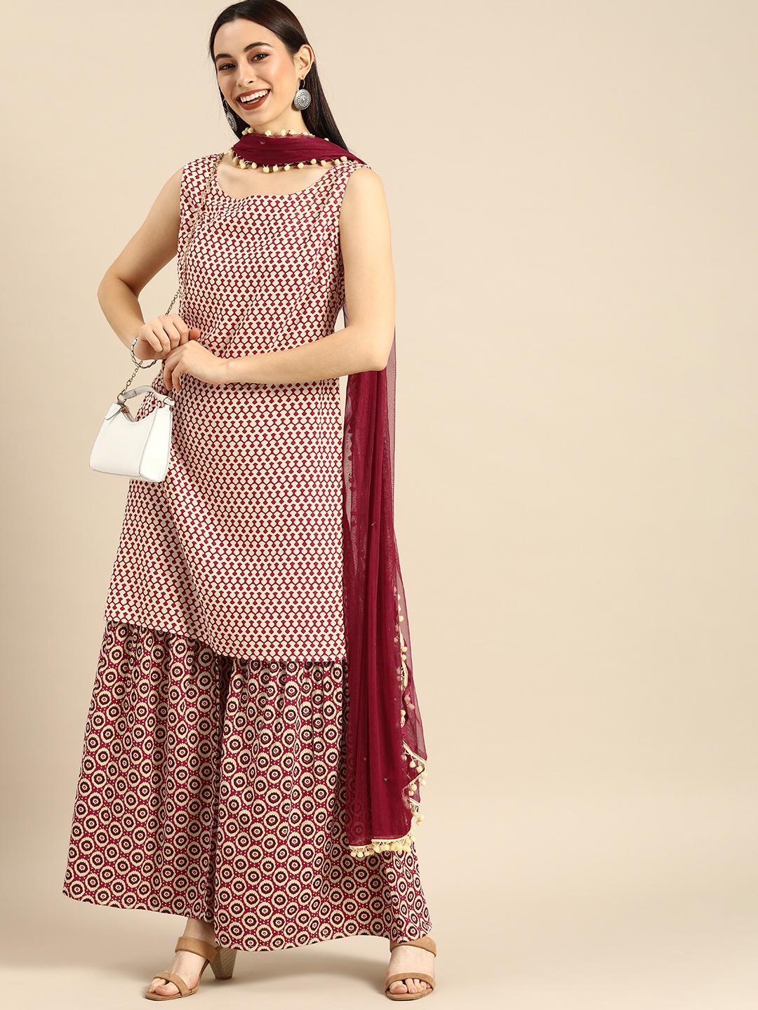 

Anouk Women Off-White & Maroon Printed Kurta with Sharara & Dupatta