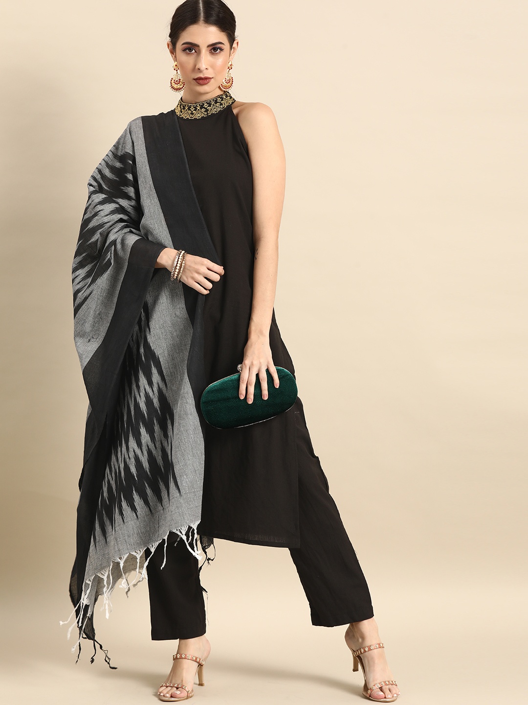

Anouk Women Black & Grey Pure Cotton Kurta Set