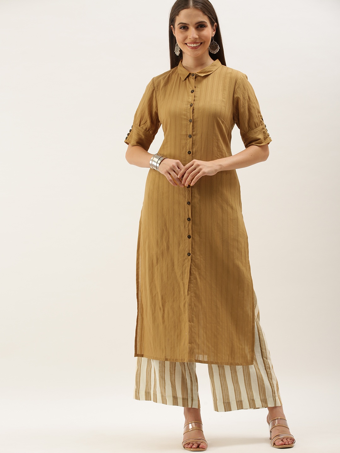

Anouk Women Brown Striped Pure Cotton Kurta with Palazzos