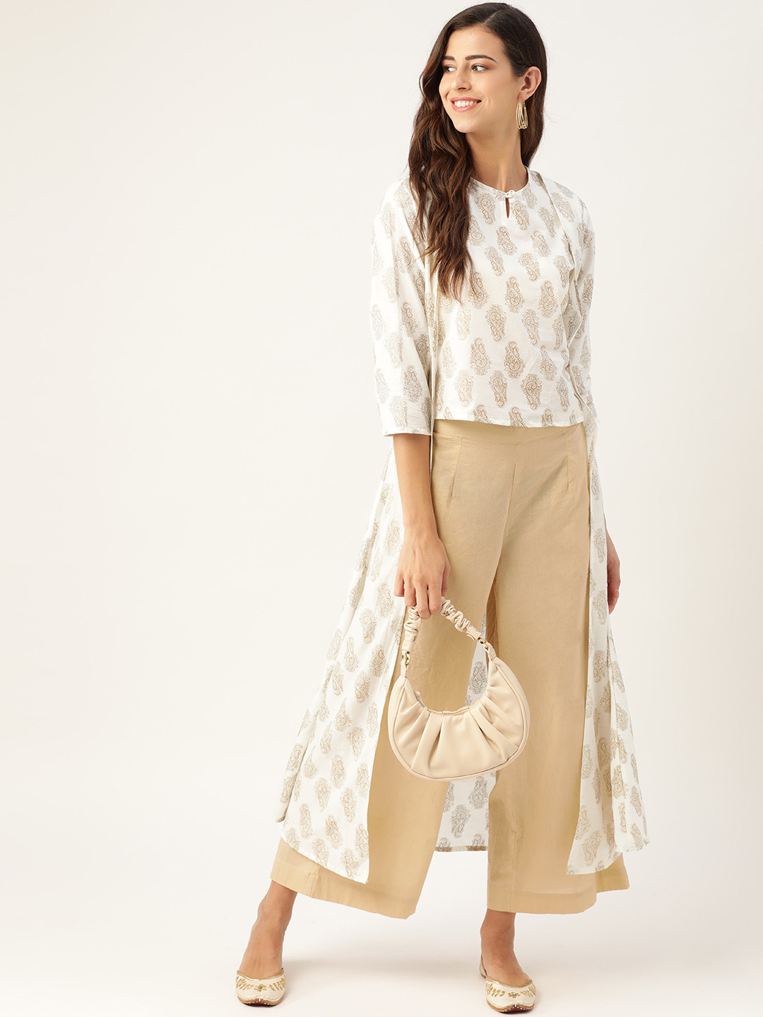 

Anouk Women Off White Pure Cotton Ethnic Motifs Print Layered Top with Palazzos