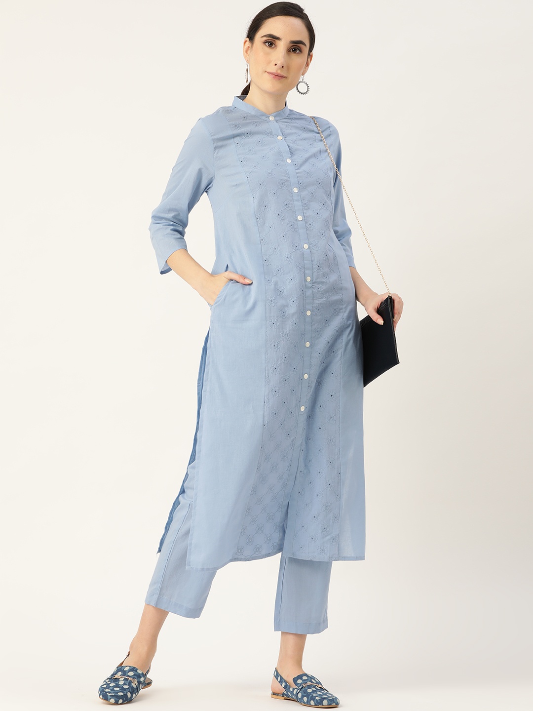 

Anouk Women Blue Ethnic Motifs Embroidered Panelled Pure Cotton Kurta with Trousers