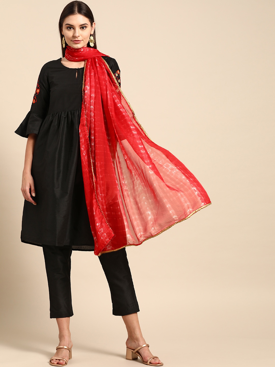 

Anouk Women Black Solid Kurta with Trousers & Dupatta with Embroidered Detail