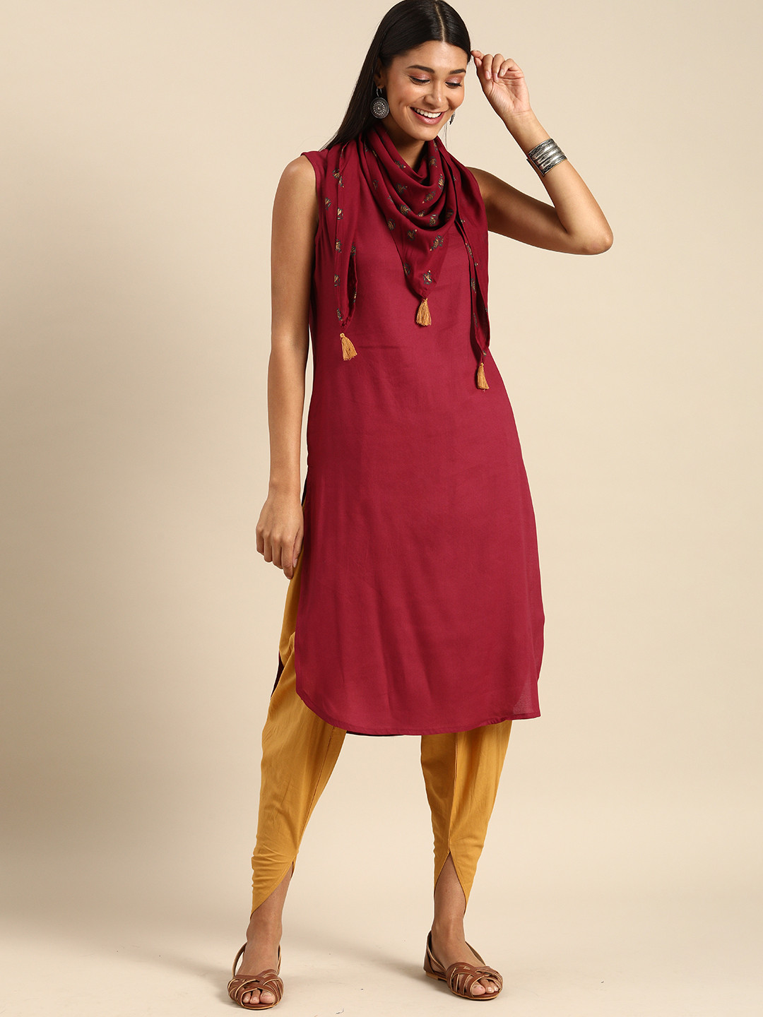 

Anouk Women Maroon & Mustard Yellow Solid Kurta with Dhoti Pants & Stole