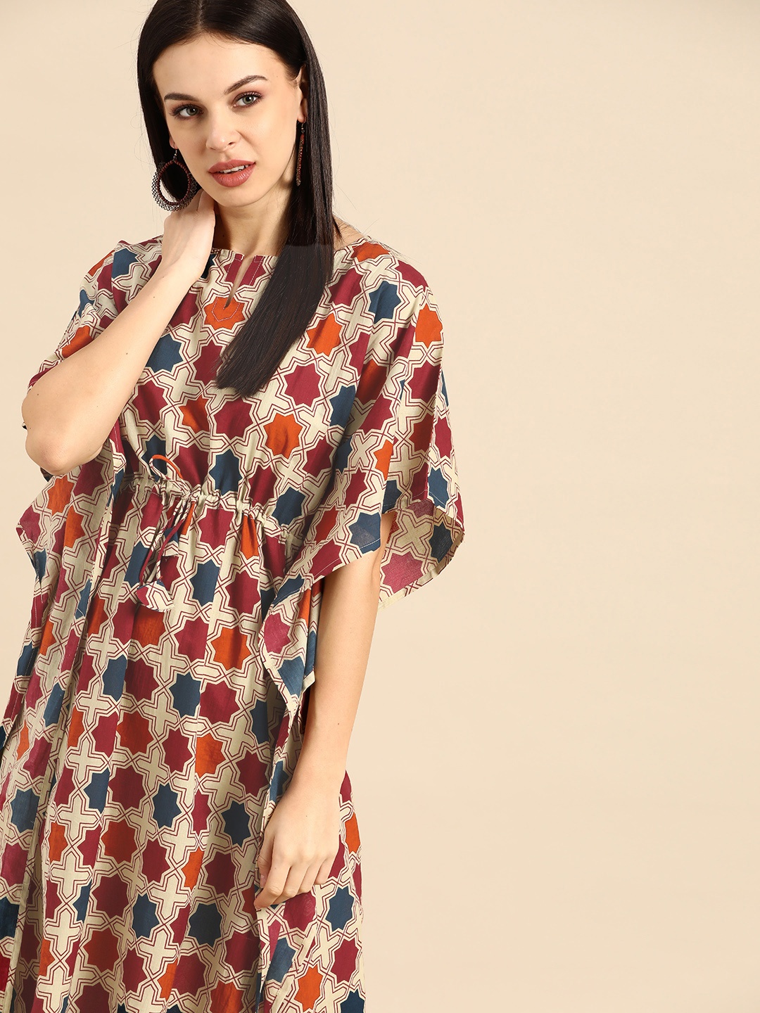 

Anouk Women Beige & Maroon Pure Cotton Geometric Print Extended Sleeves Kaftan Kurta