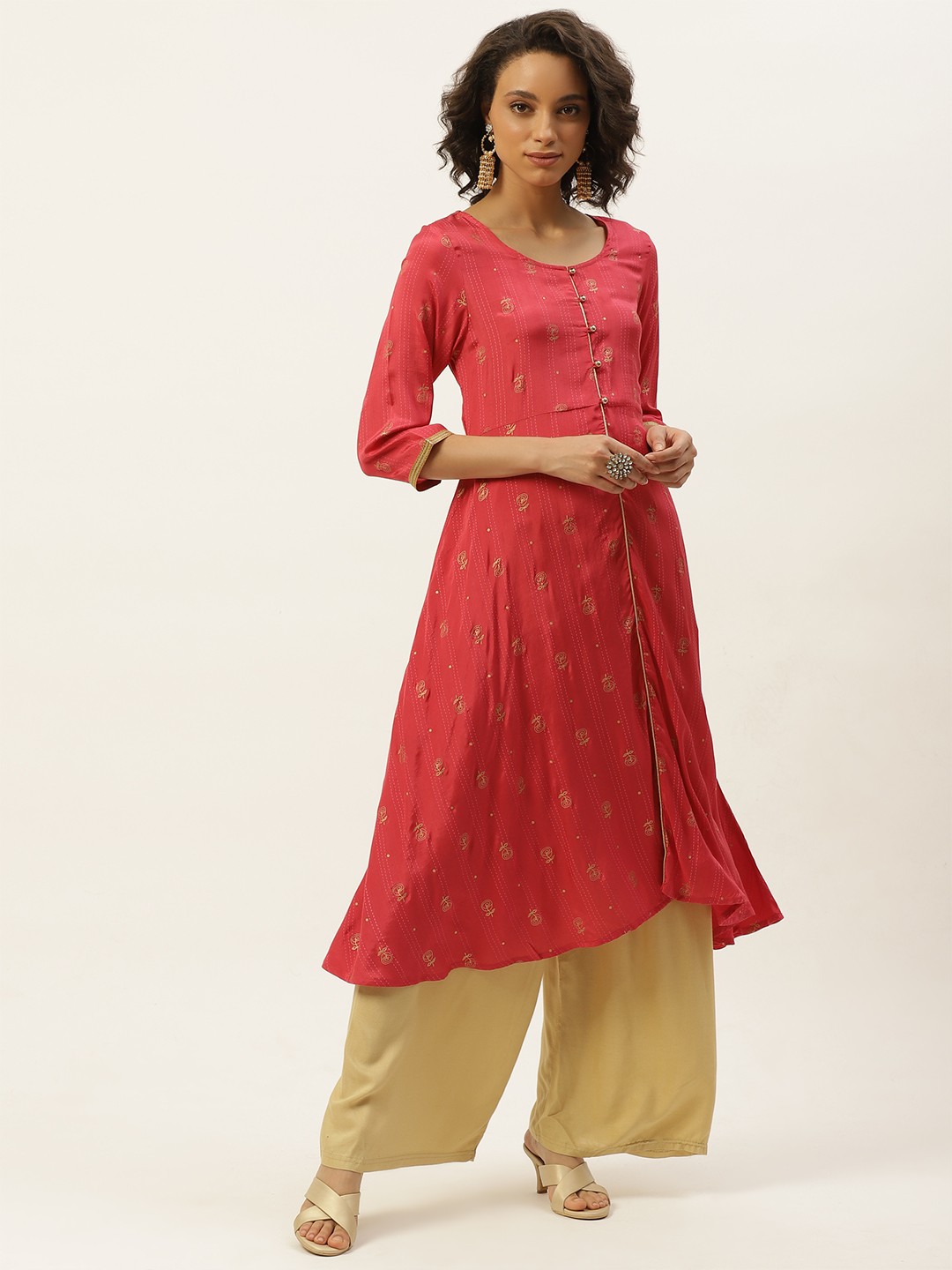 

Anouk Women Pink & Golden Foil Ethnic Motifs Printed Kurta