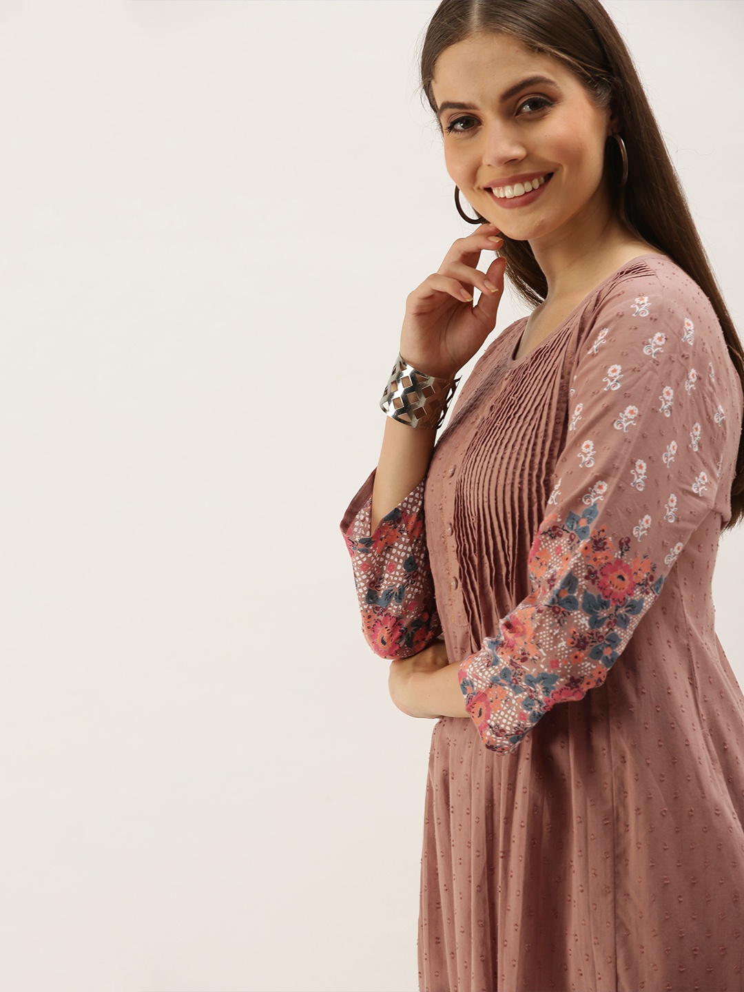 

Anouk Women Peach-Coloured Floral Printed Pleated A-Line Kurta
