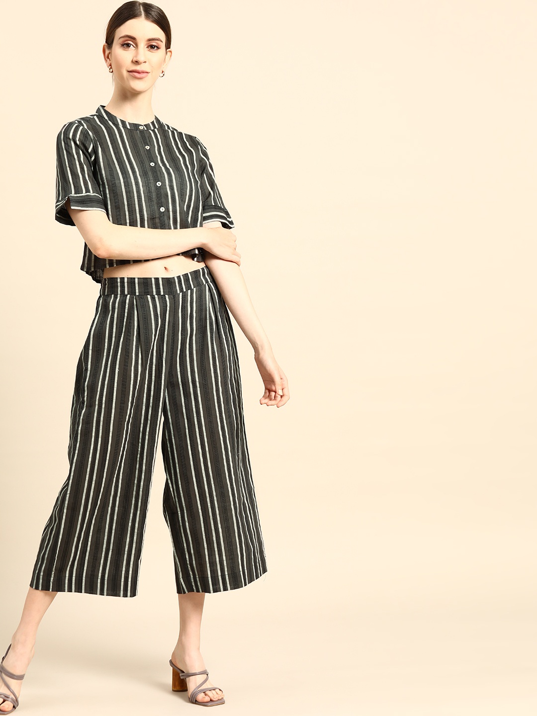 

Anouk Women Charcoal & Off-White Striped Top with Palazzos