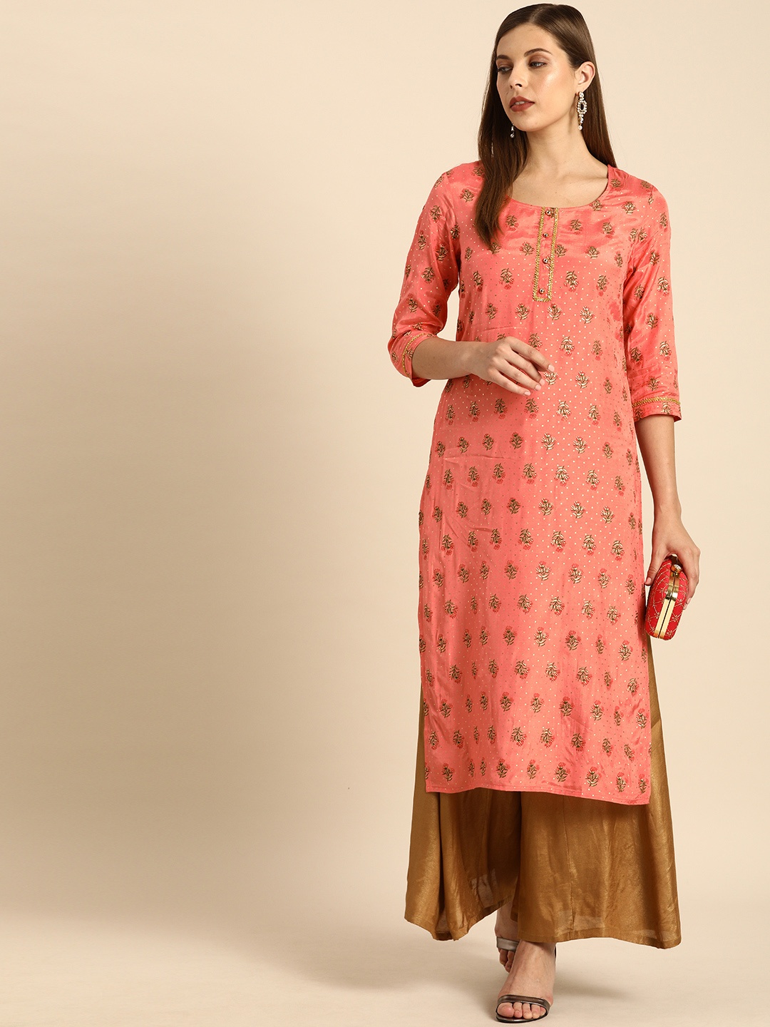 

Anouk Women Peach-Coloured Floral Printed Kurta