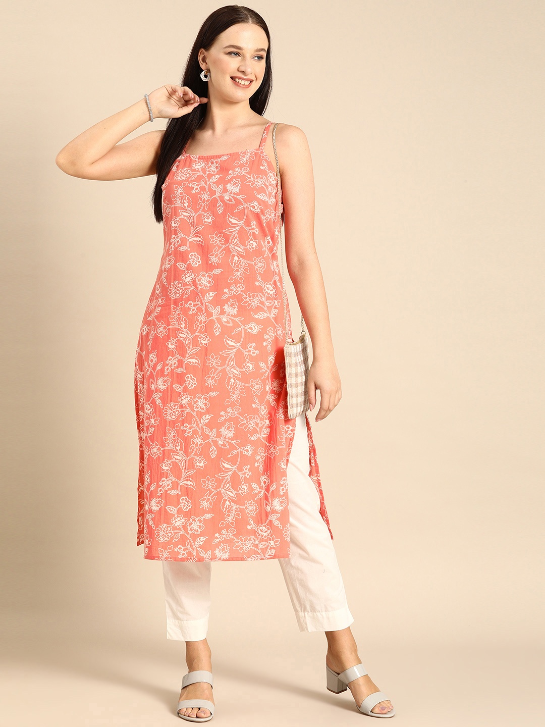 

Anouk Women Peach-coloured & White Ethnic Motifs Print Straight Cotton Kurta