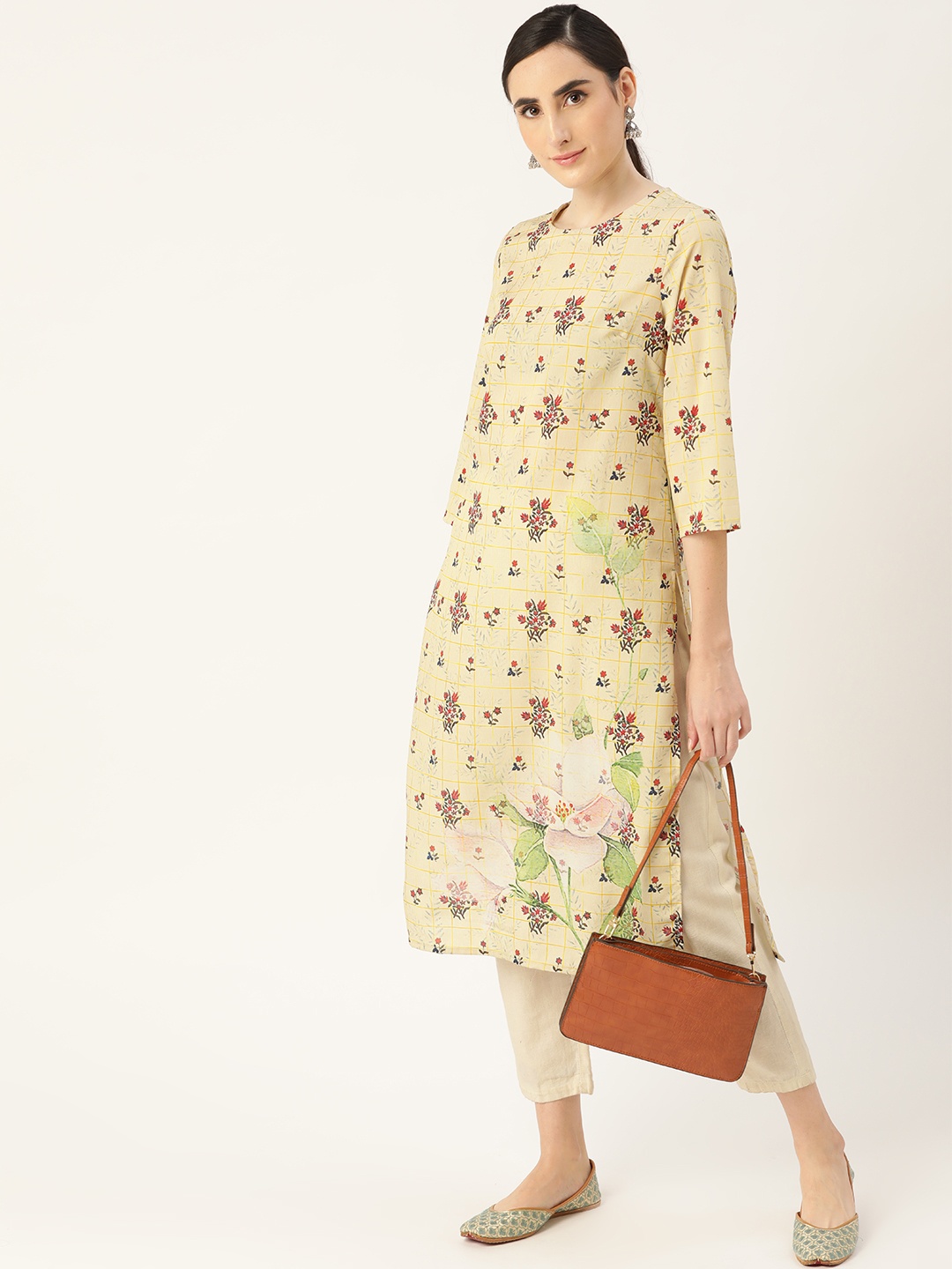 

Anouk Women Beige & Coral Red Ethnic Motifs Print Straight Sustainable Kurta