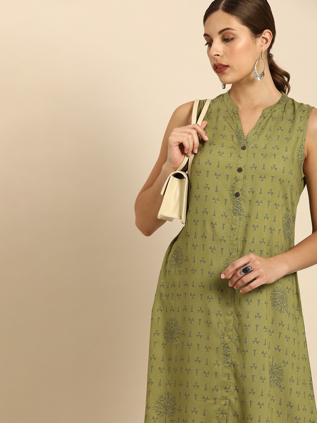 

Anouk Women Olive Green & Navy Blue Printed Kurta