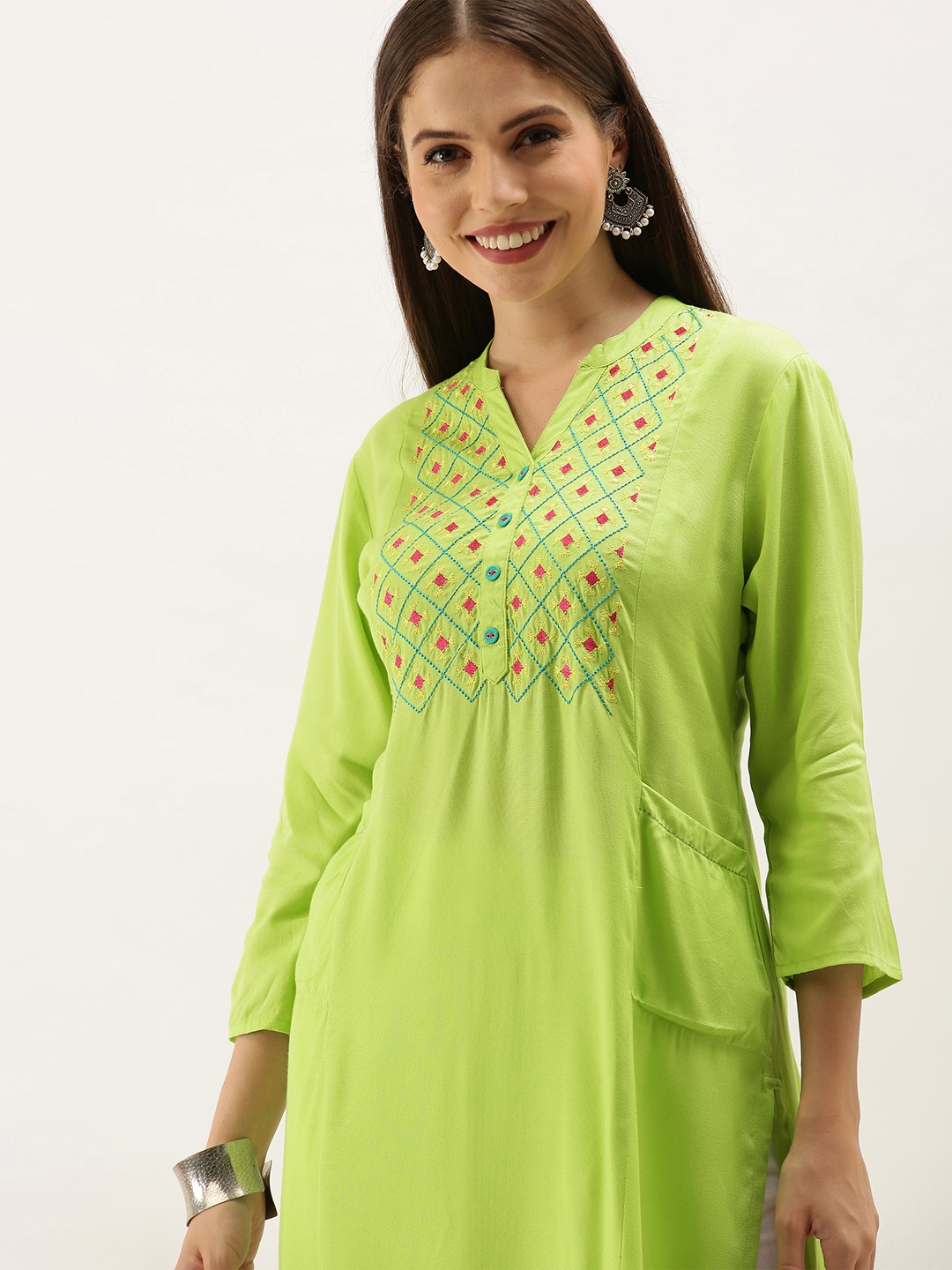

Anouk Women Lime Green & Red Ethnic Motifs Yoke Design Kurta