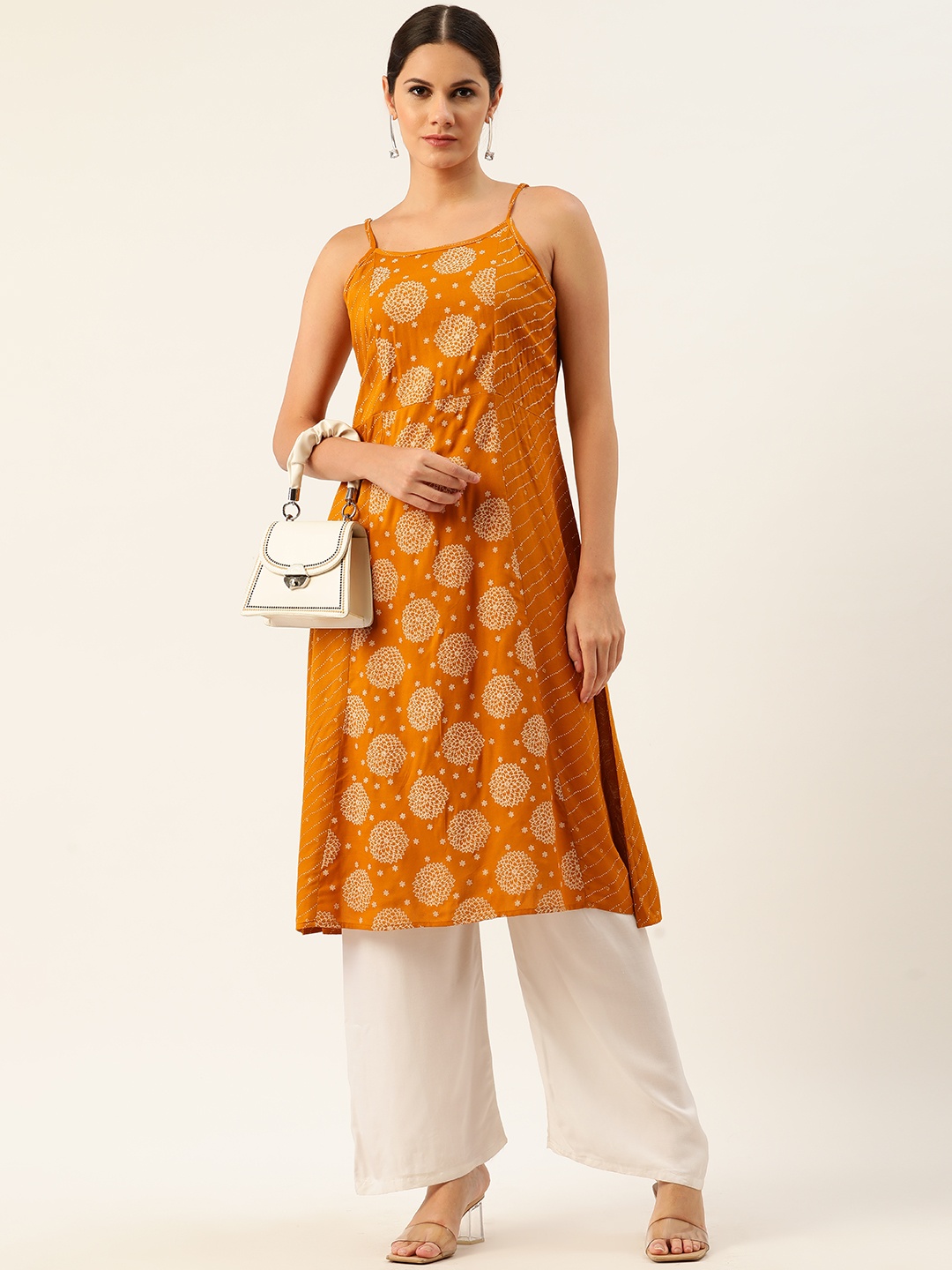 

Anouk Women Mustard Yellow & Off-White Ethnic Motifs Printed A-Line Kurta