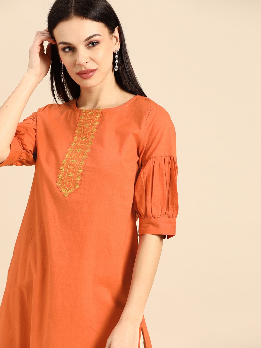 

Anouk Women Rust Orange Pure Cotton Yoke Design Kurta
