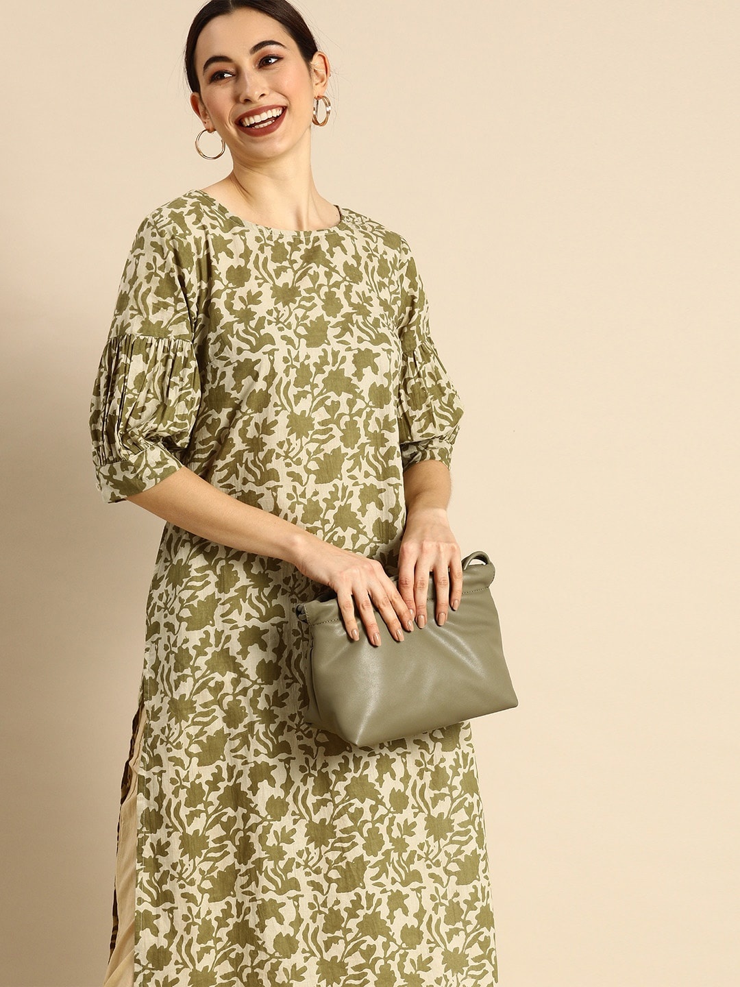 

Anouk Women Olive Green & Beige Floral Printed Floral Kurta