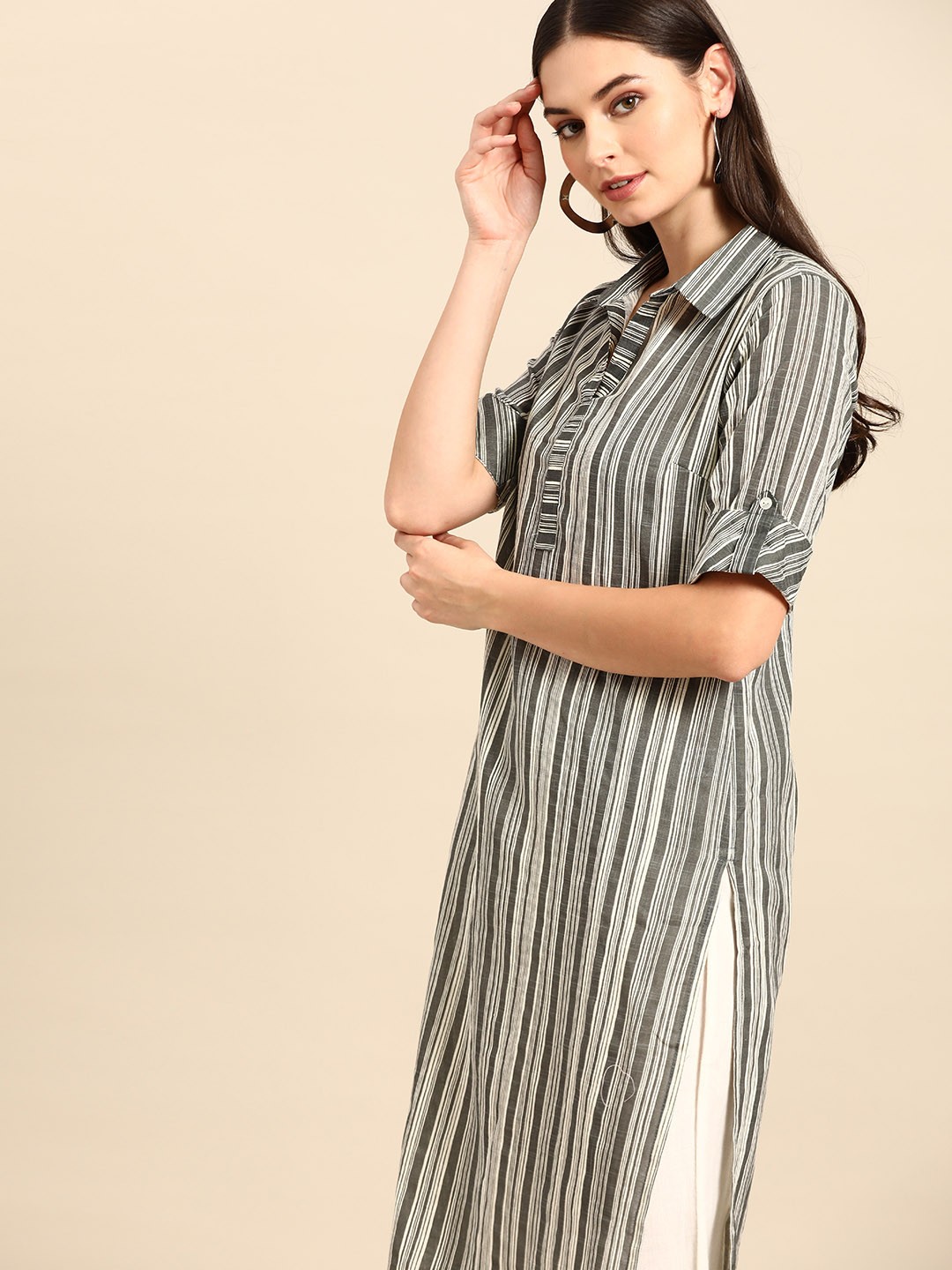 

Anouk Women Black & White Striped Shirt Collar Cotton Straight Kurta