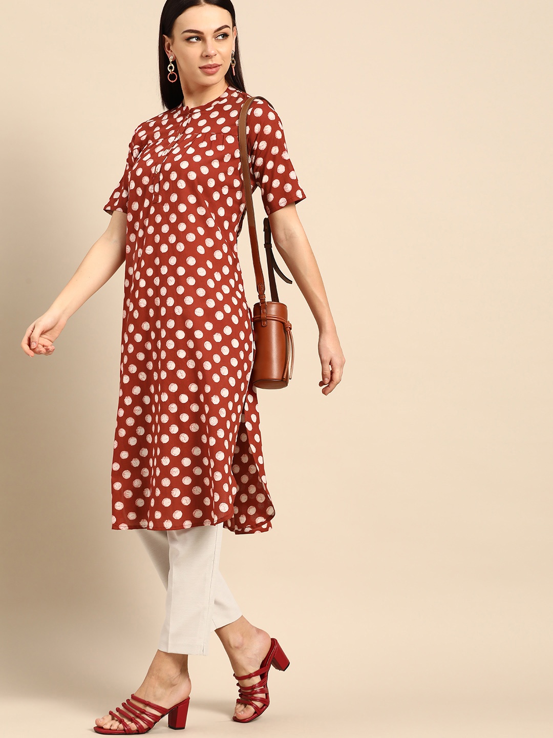 

Anouk Women Rust Red & White Geometric Printed Straight Kurta