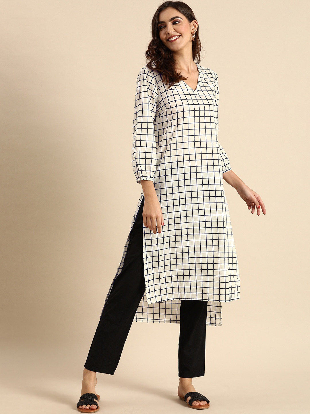 

Anouk Women White & Black Checked Kurta