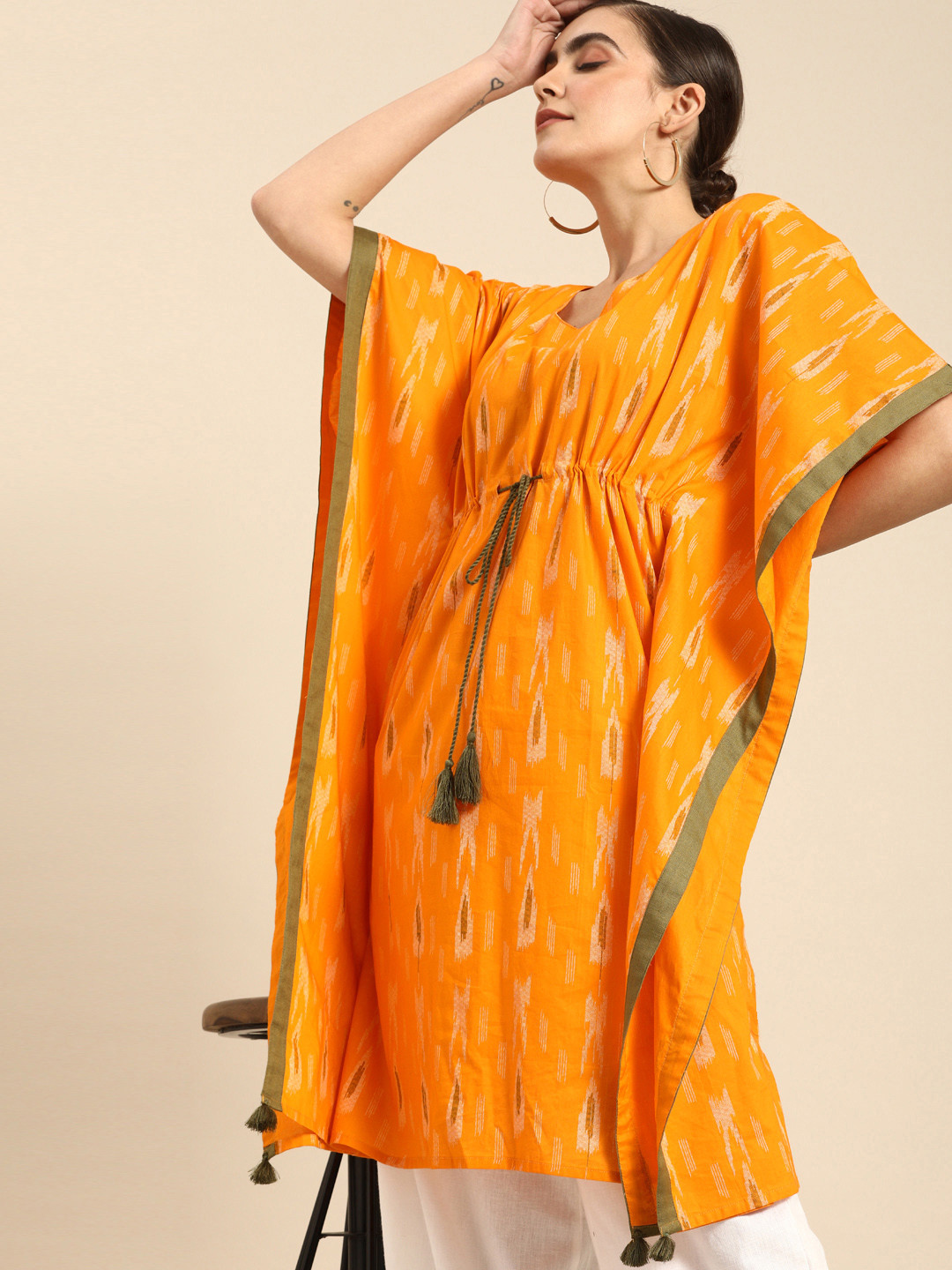 

Anouk Women Yellow & White Printed Extended Sleeves Kaftan Kurta