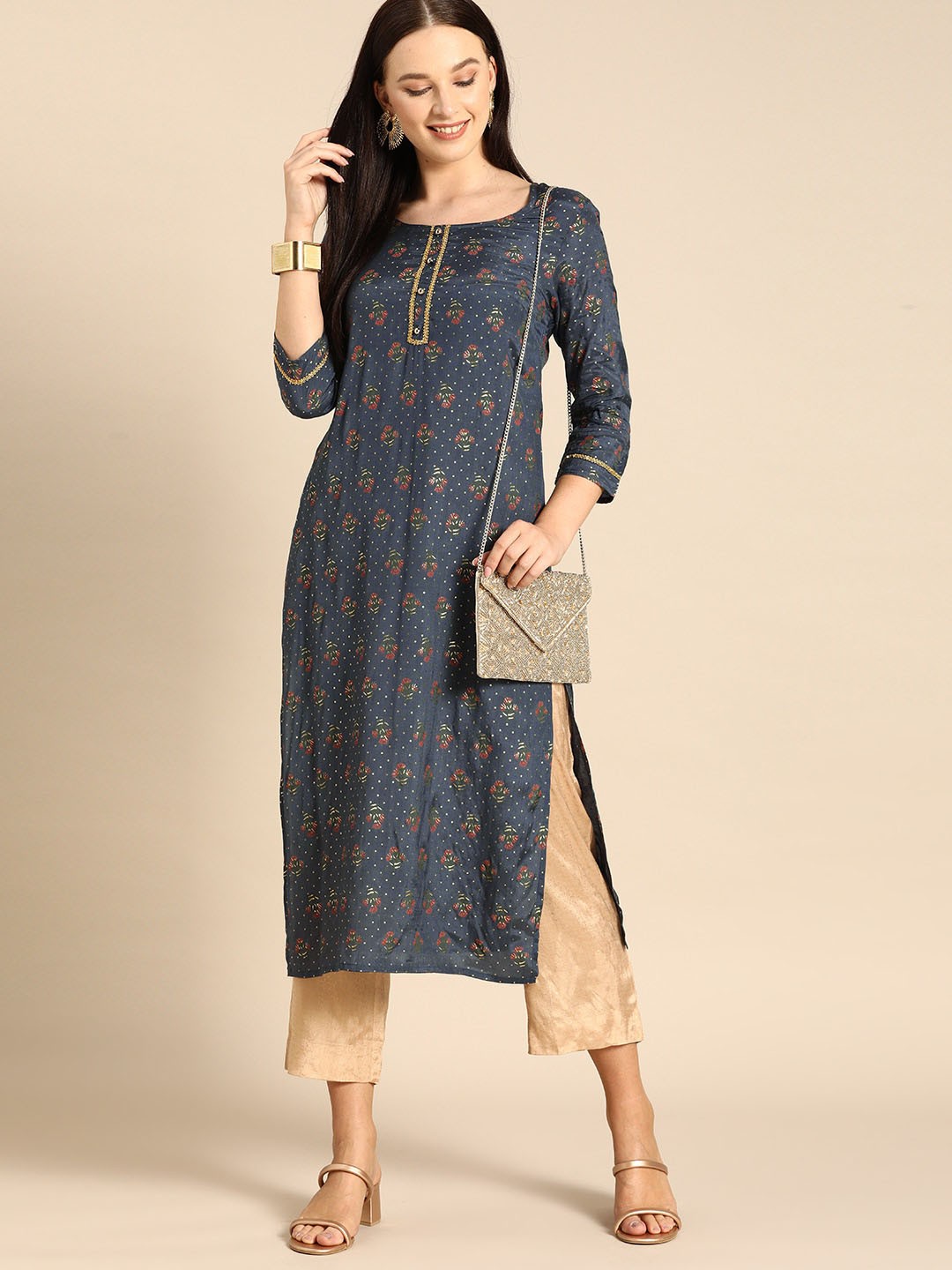 

Anouk Women Charcoal Grey & Golden Floral & Dot Print Straight Kurta