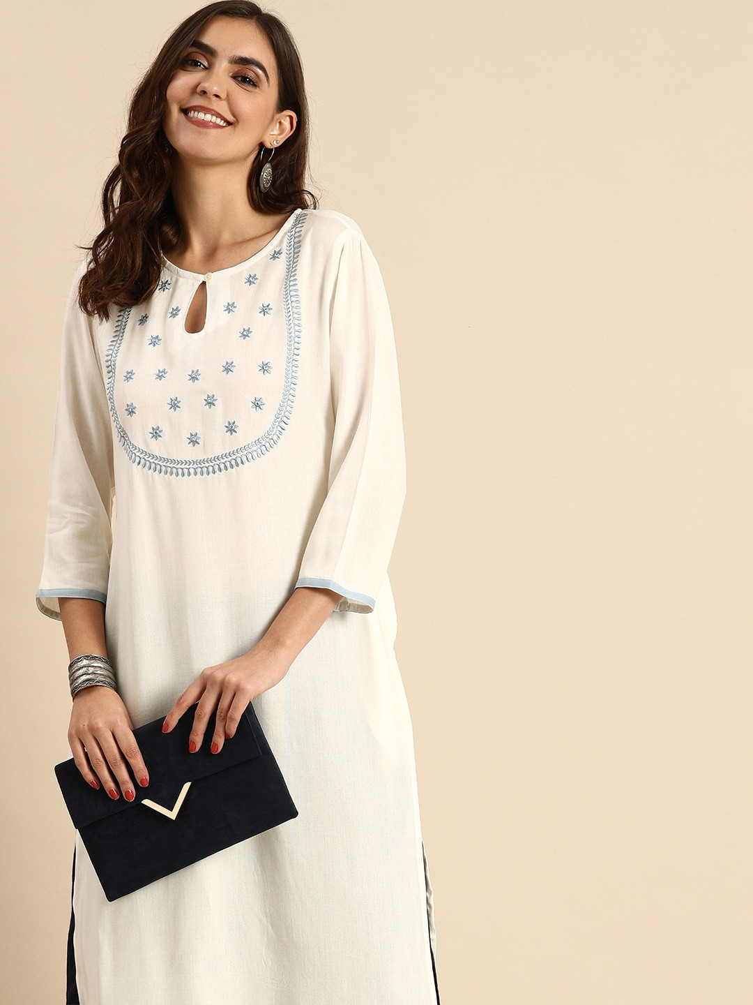 

Anouk Women White & Blue Thread Work Kurta