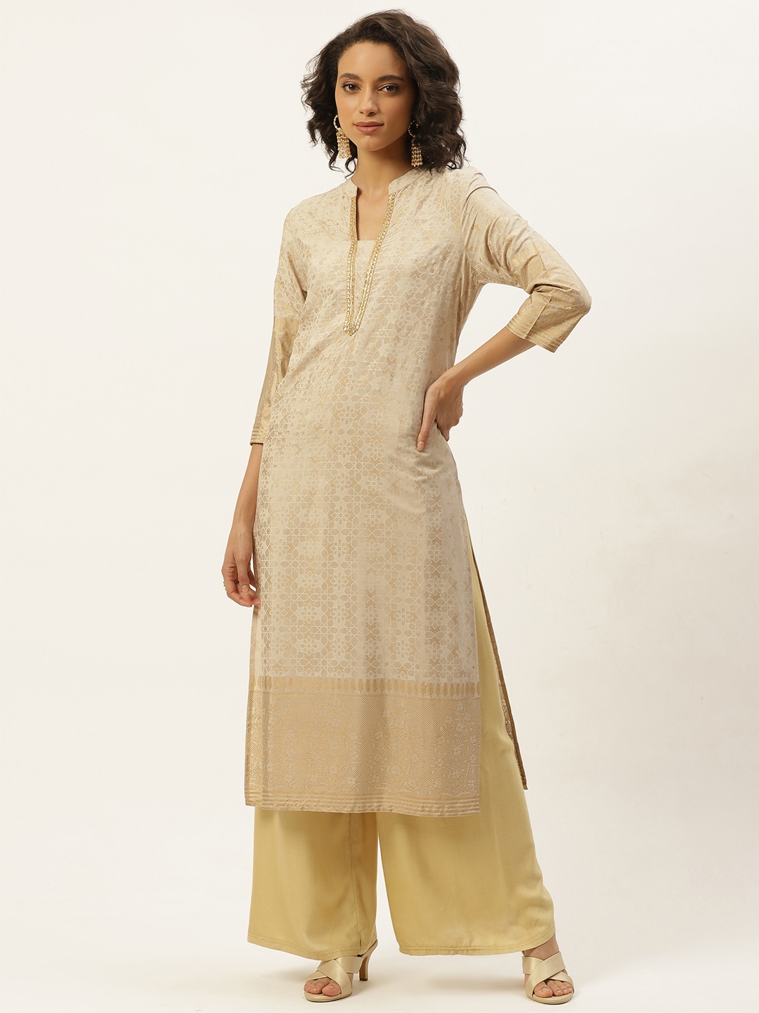 

Anouk Women Beige Geometric Printed Zari Pastels Kurta