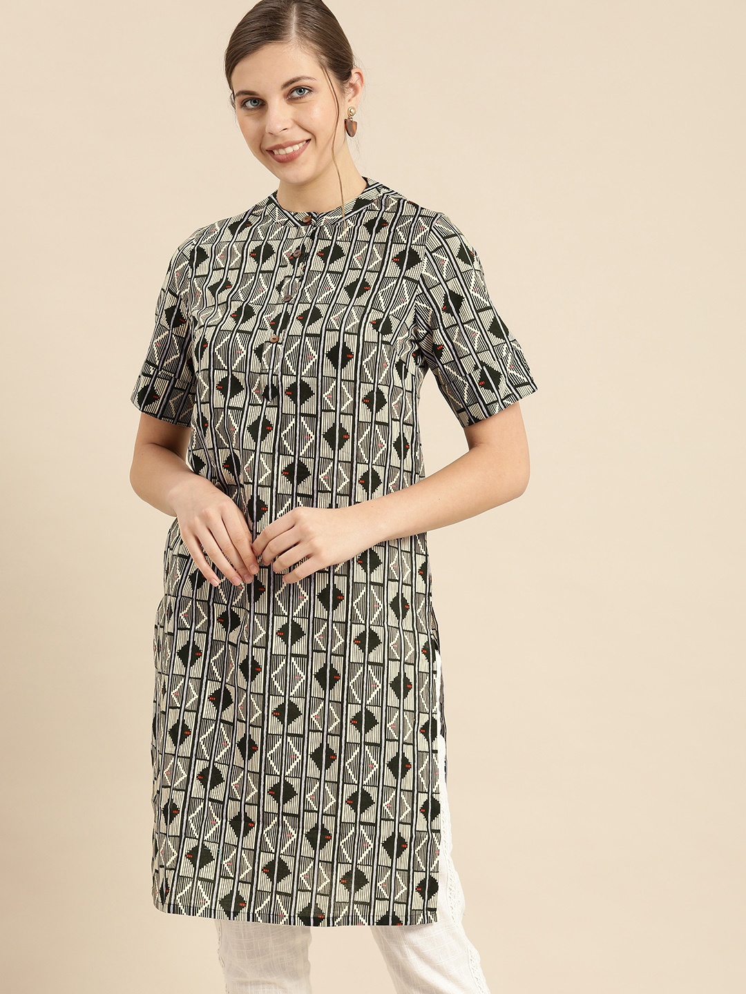 

Anouk Women Black & Beige Printed Band Collar Pure Cotton Kurta