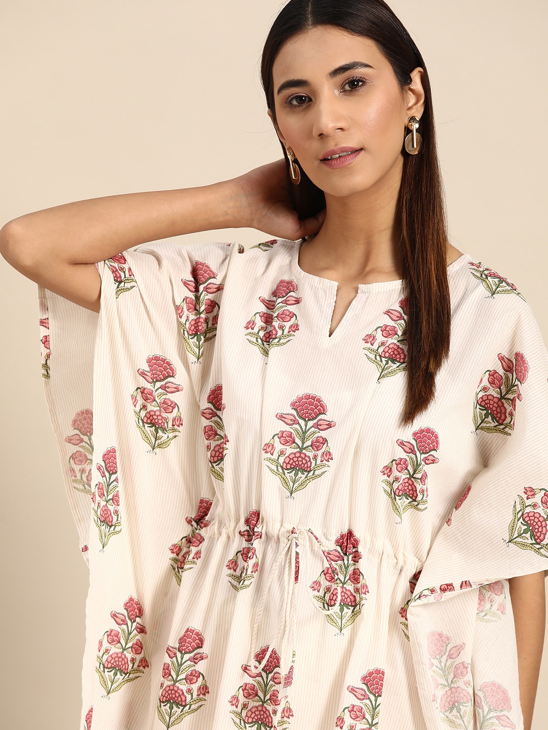 

Anouk Off White & Pink Ethnic Motifs Printed Flared Sleeves Kaftan Kurta