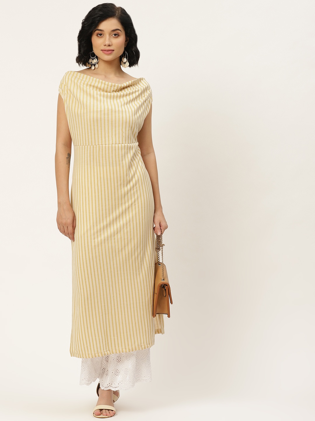 

Anouk Women Off White & Yellow Striped Shawl Neck Extended Sleeves Knitted Kurta