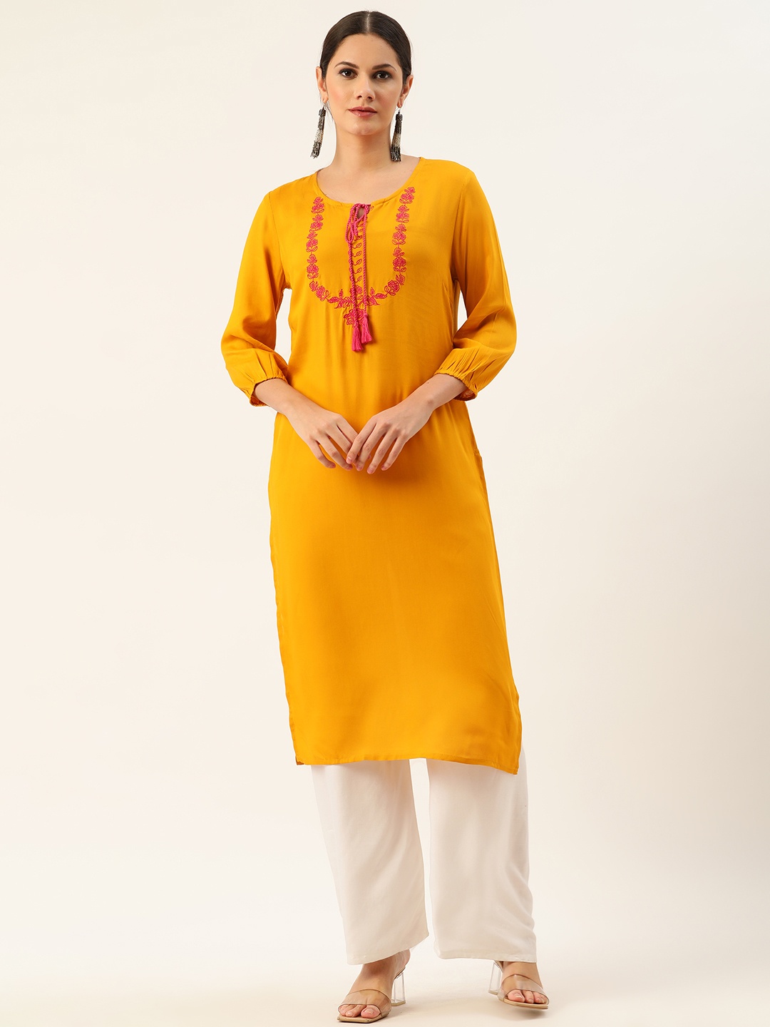 

Anouk Women Yellow Ethnic Motifs Yoke Design Thread Work Straight Kurta