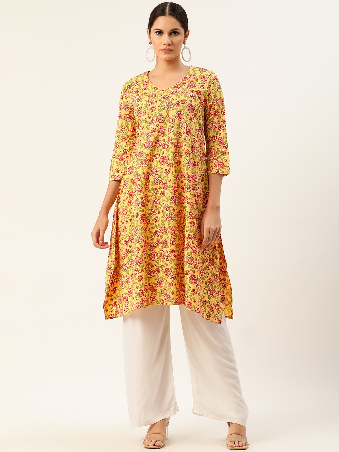 

Anouk Women Yellow & Pink Floral Printed A-Line Kurta