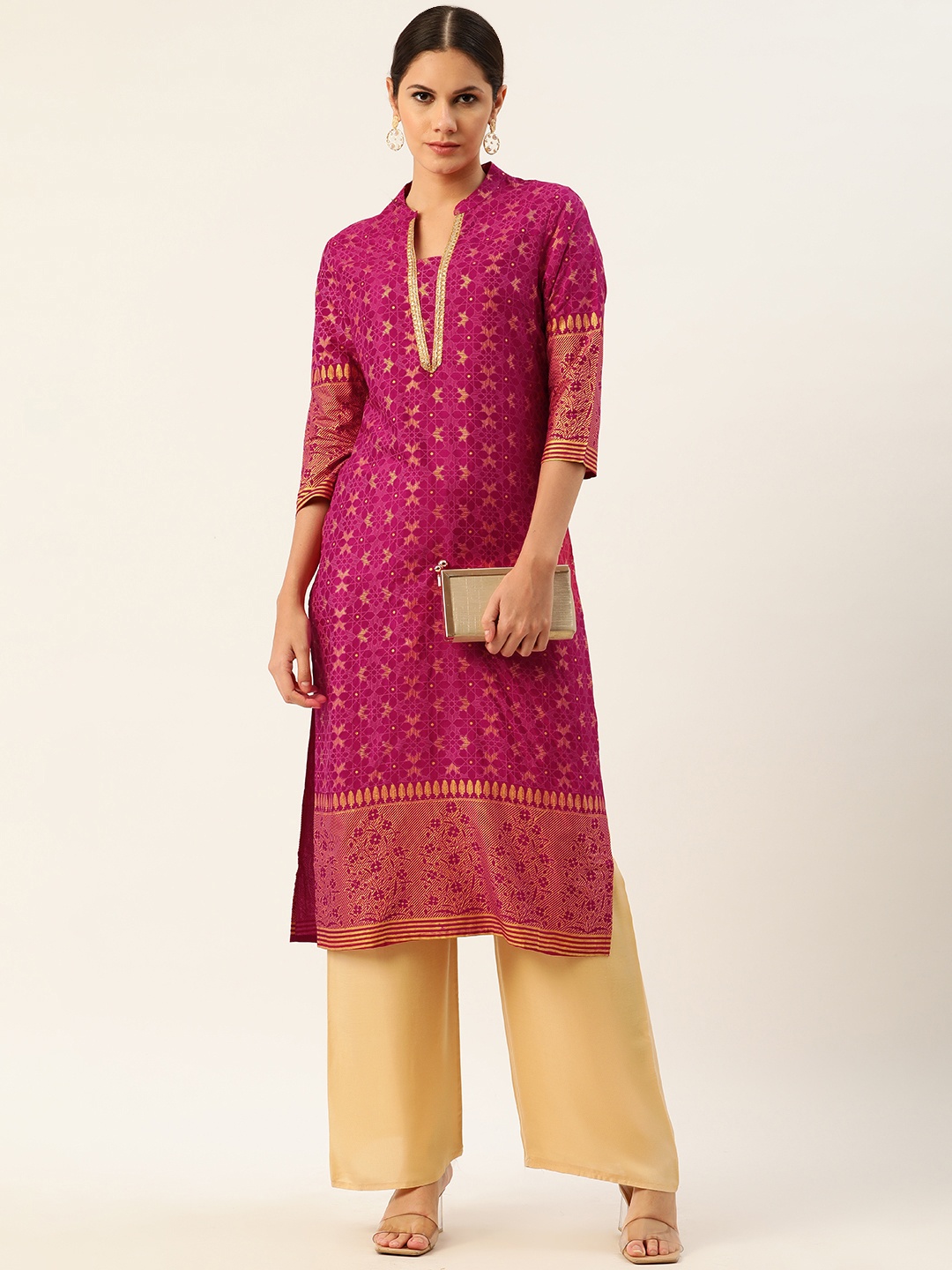 

Anouk Women Pink & Golden Geometric Printed Gotta Patti Kurta