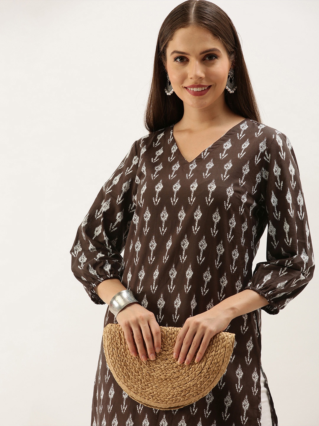

Anouk Women Coffee Brown & White Ethnic Motifs Printed Kurta
