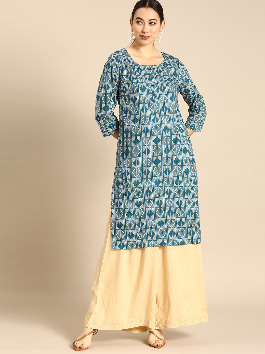 

Anouk Women Teal Blue & White Geometric Print Straight Cotton Kurta