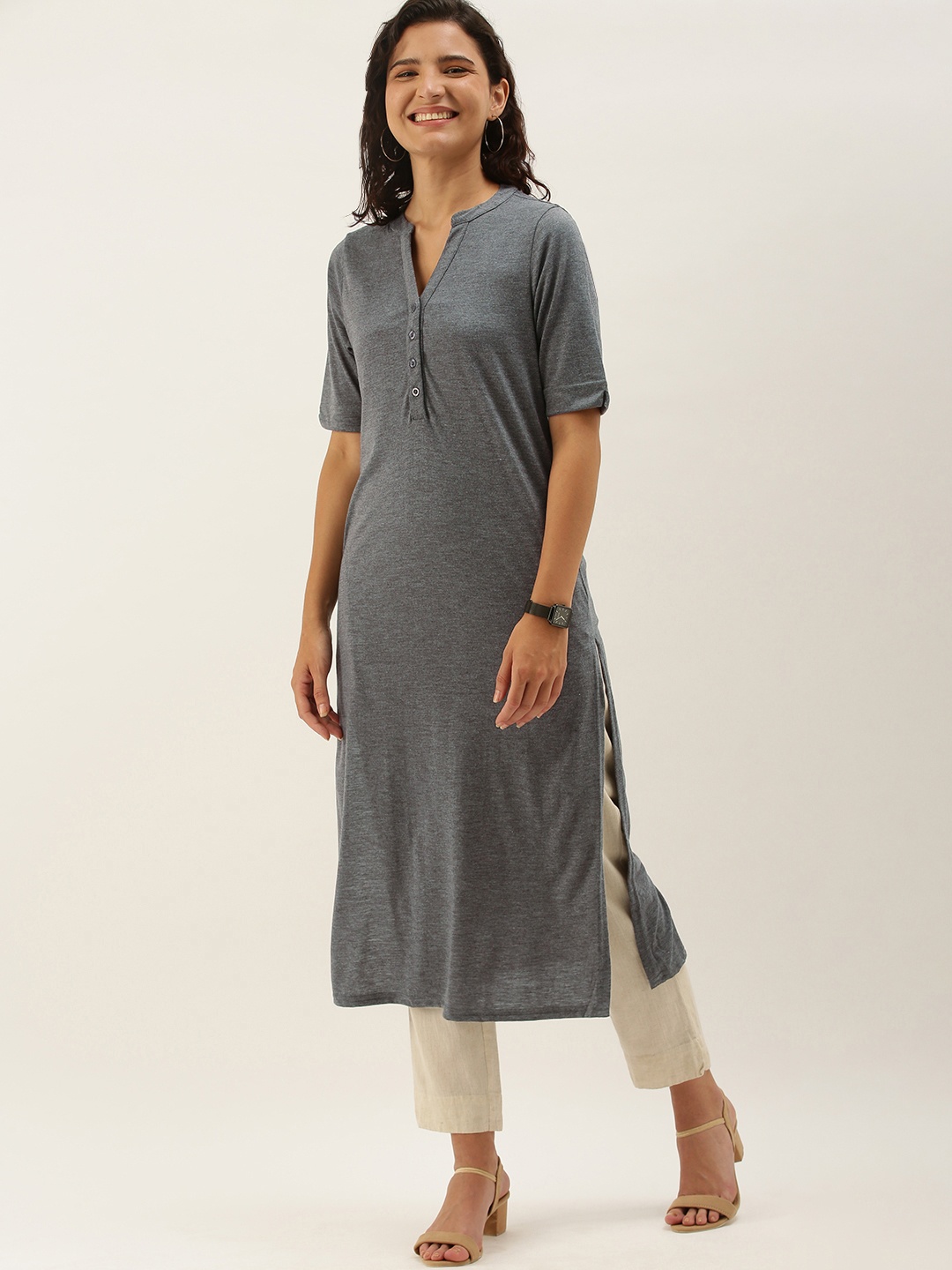 

Anouk Women Grey Solid Mandarin Collar Calf Length Knitted Kurta