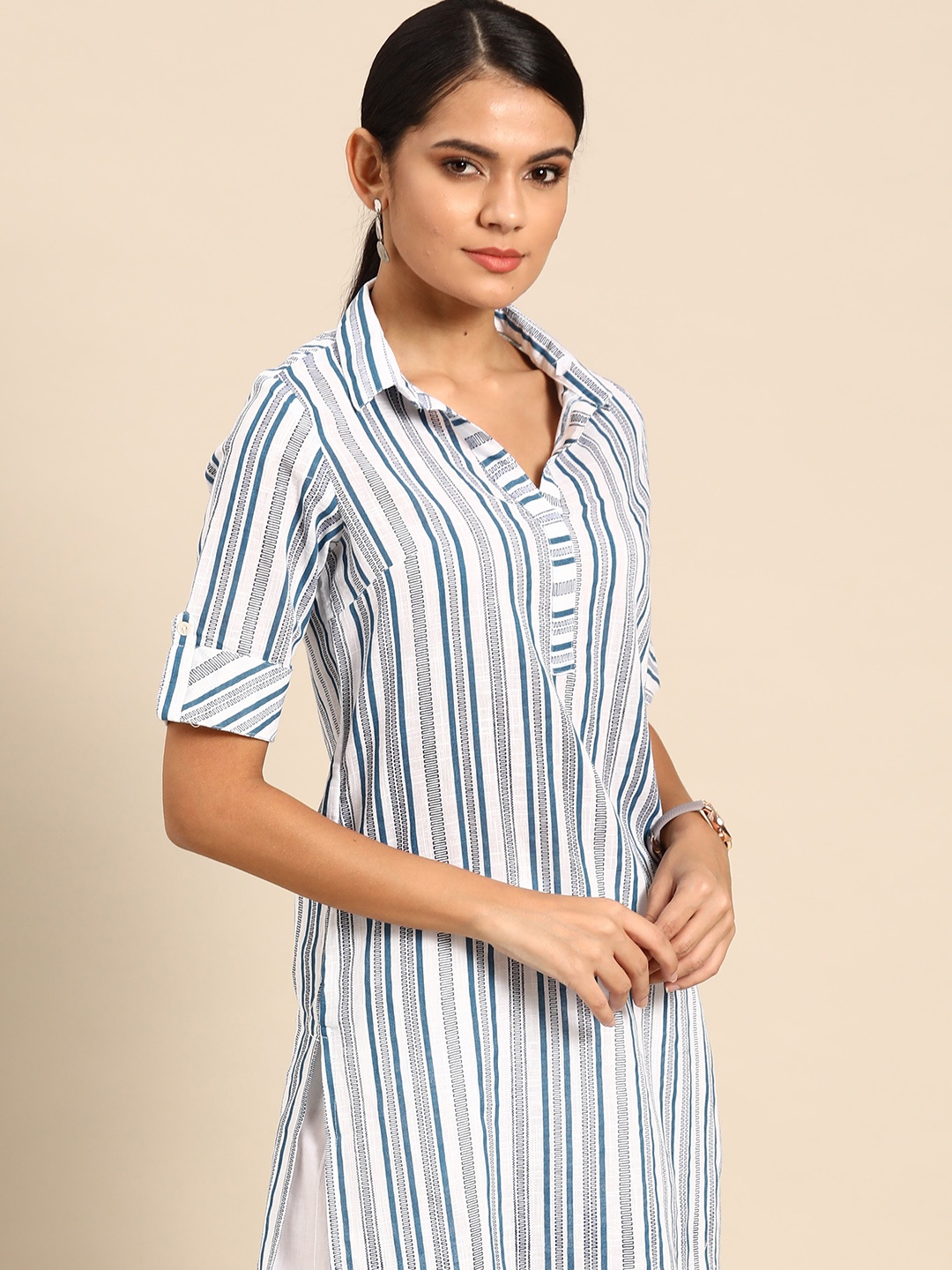

Anouk Women White & Blue Pure Cotton Striped Pathani Kurta