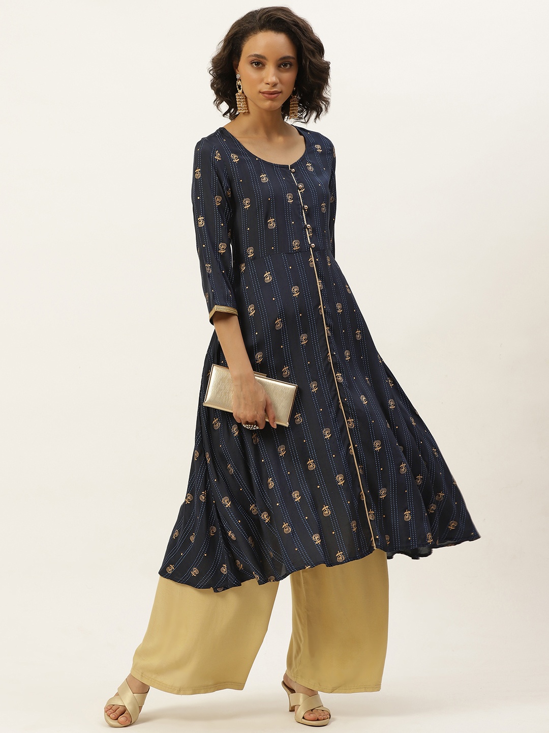 

Anouk Women Navy Blue & Golden Foil Ethnic Motifs Printed Indigo Kurta