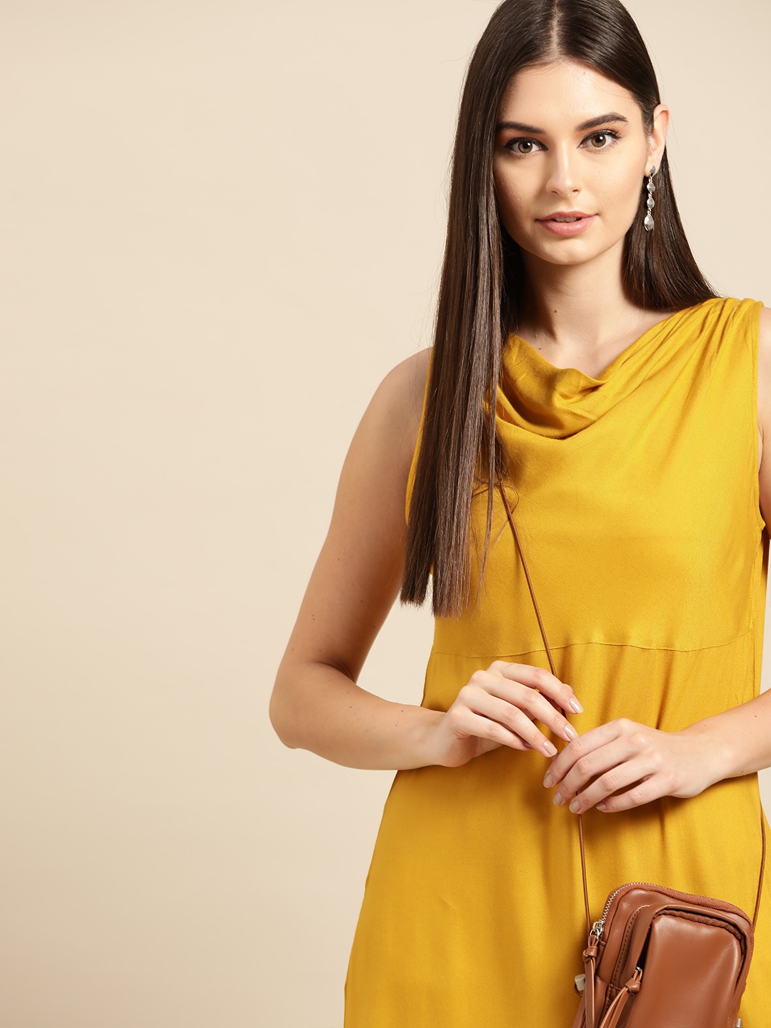 

Anouk Women Mustard Yellow Solid Shawl Neck Kurta