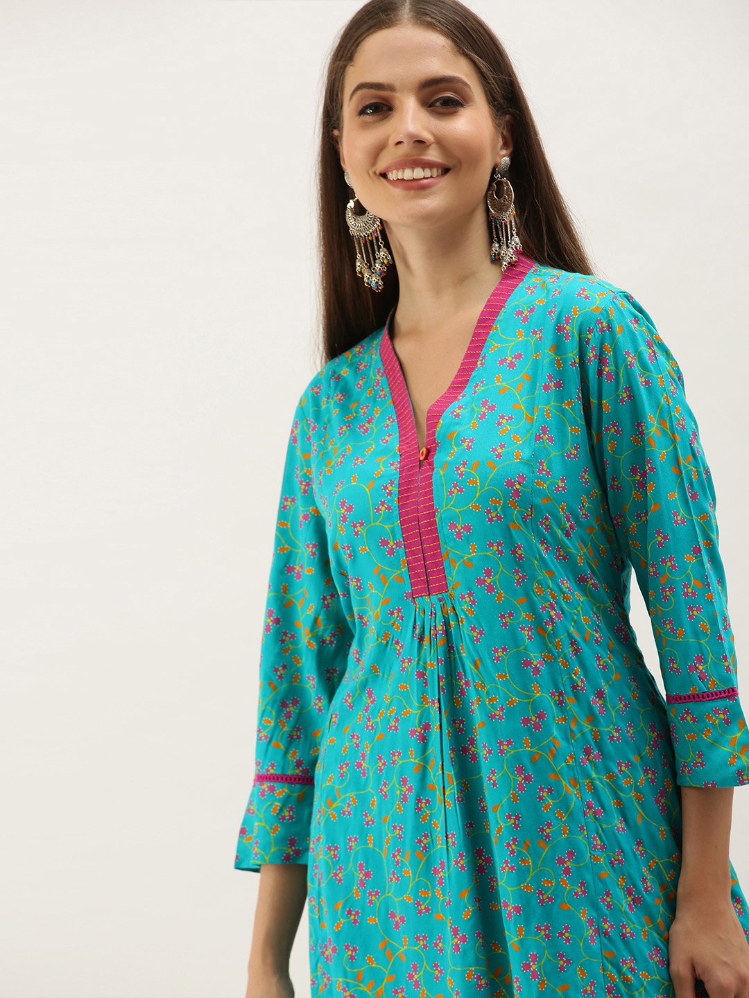 

Anouk Women Turquoise Blue & Pink Floral Printed Floral Kurta with Gathers
