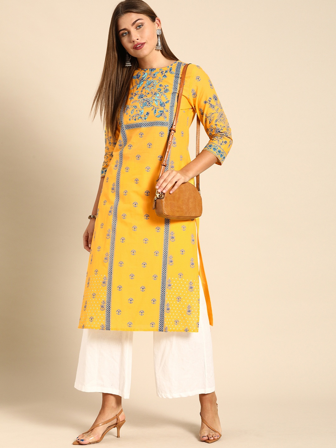 

Anouk Women Yellow & Blue Ethnic Motifs Printed Floral Pure Cotton Kurta