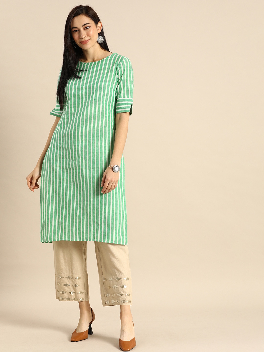 

Anouk Green & White Striped Kurta