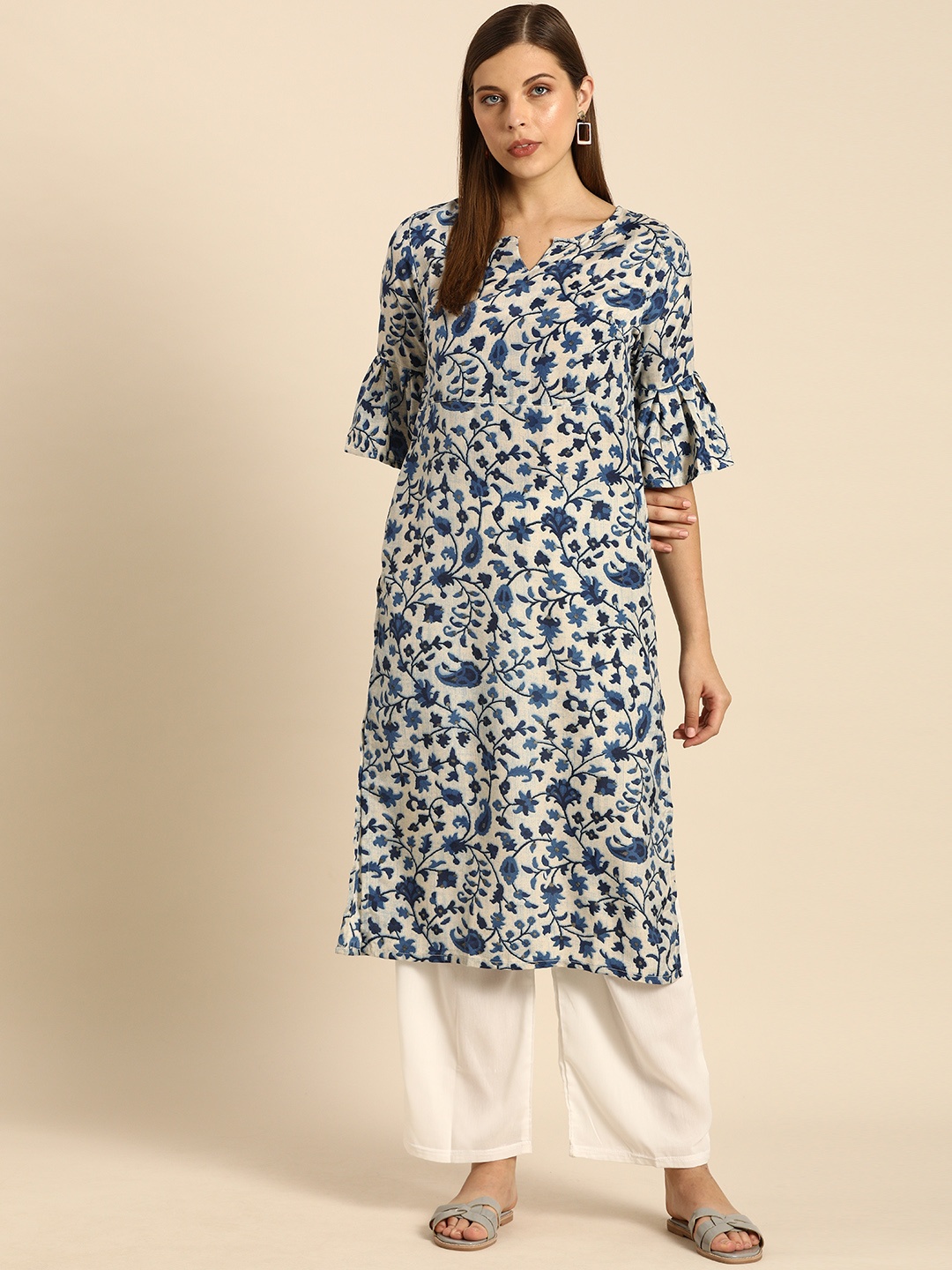 

Anouk Women White & Blue Ethnic Motifs Printed Bell Sleeves Indigo Kurta