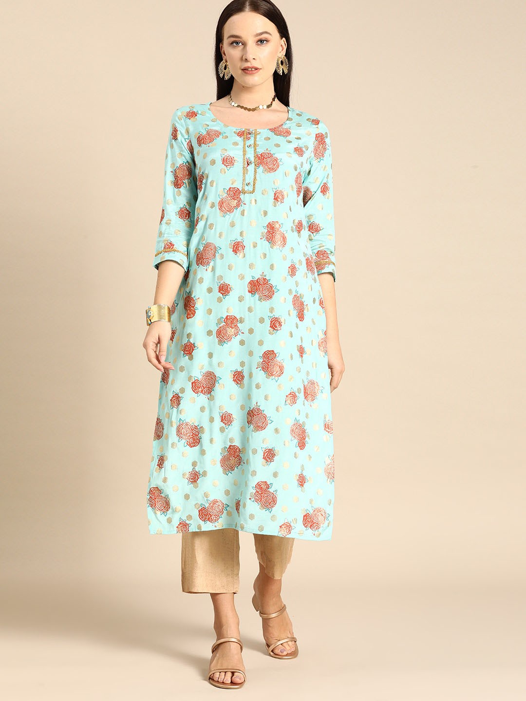 

Anouk Women Blue & Brick Red Floral Print Straight Kurta