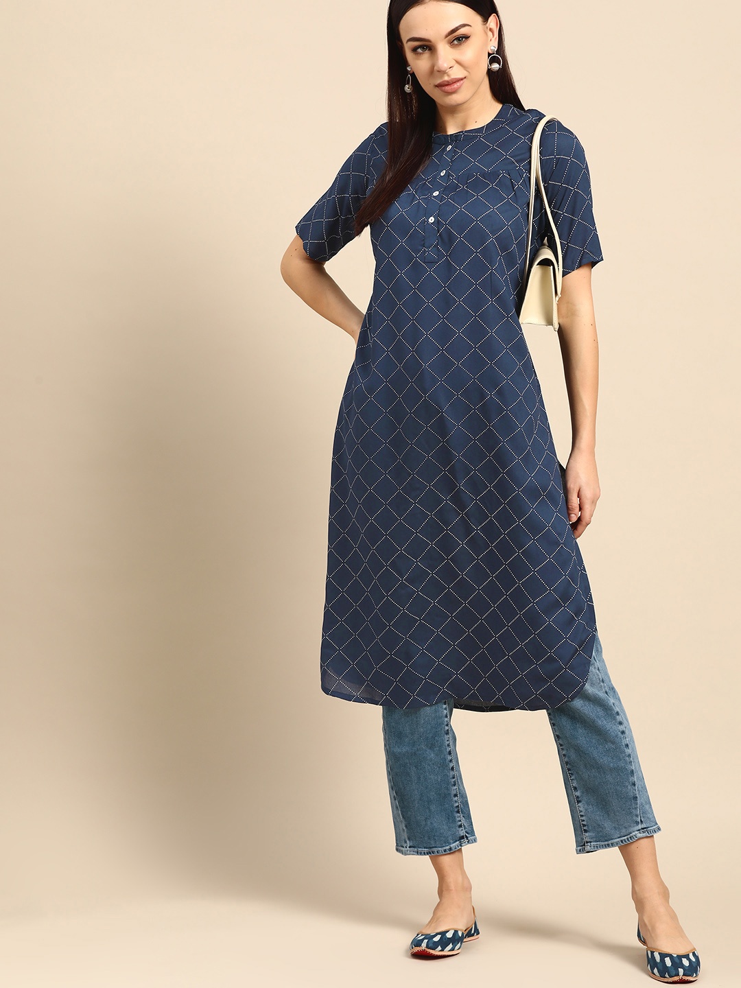

Anouk Navy Blue & White Pure Cotton Checked Straight Kurta