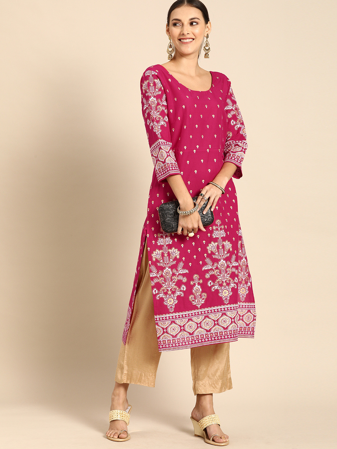 

Anouk Women Pink & Gold-toned Ethnic Motifs Printed Pure Cotton Kurta
